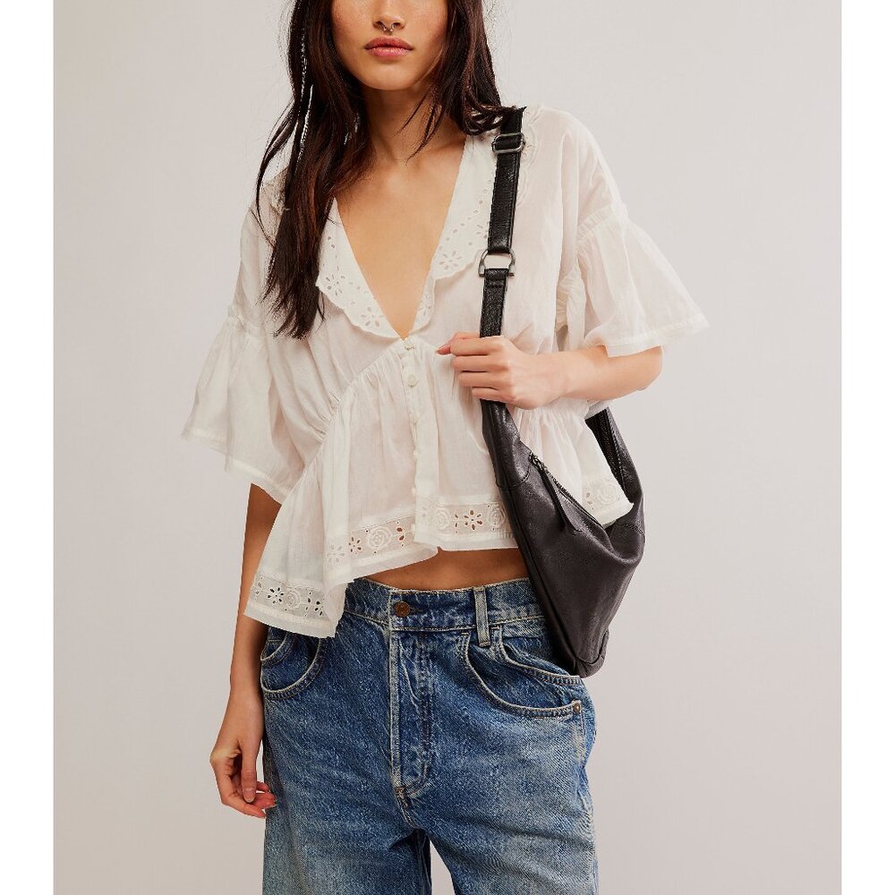 Free People White Eyelet Ruffle Peplum Blouse